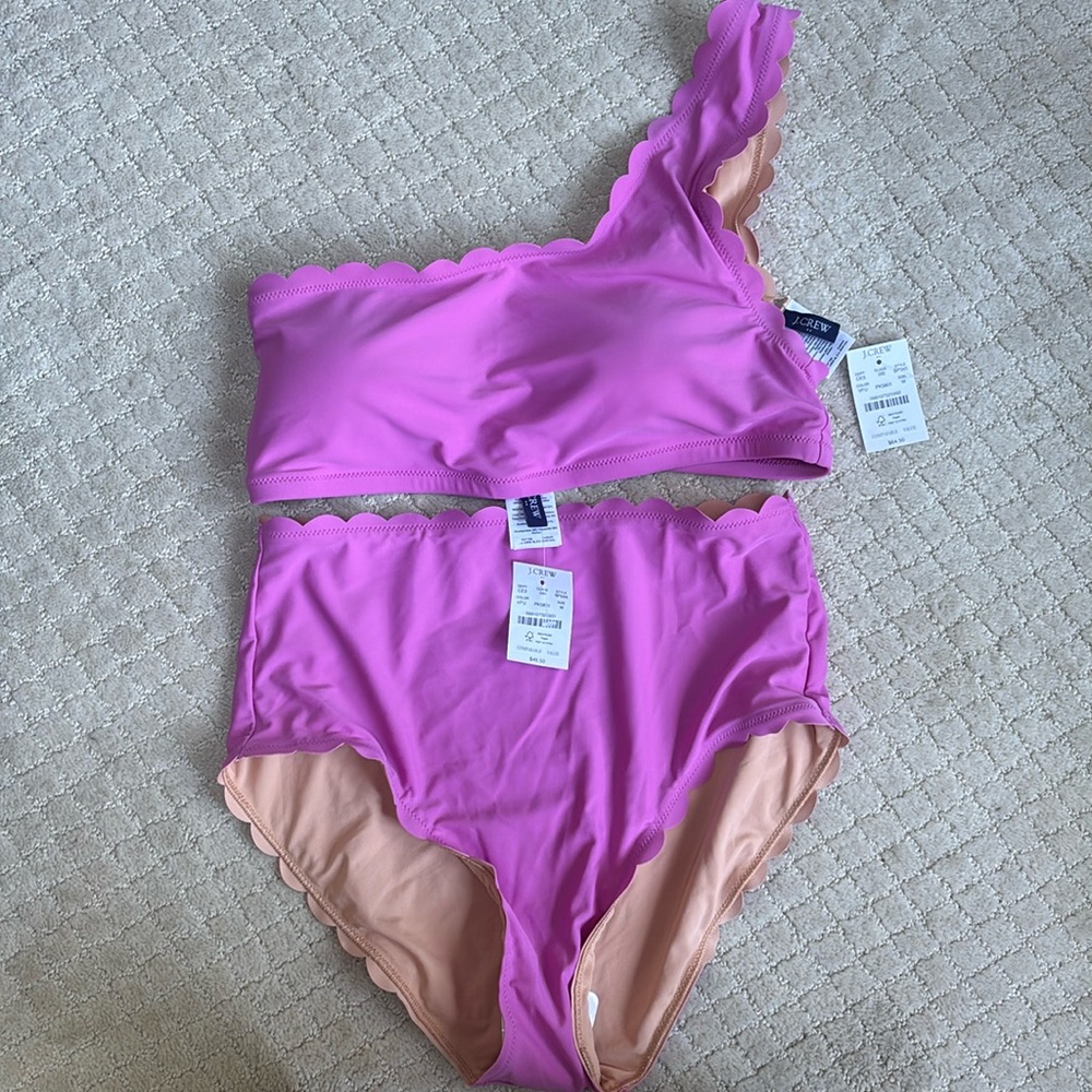 J crew two piece new with tags -pink high waist bottoms, one strap top. Size M